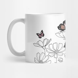 Floral Garden with Butterflies in Line Art Style, Nature-Inspired Design Mug